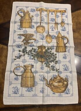 Vintage Tea Towel MCM Pure Linen Gold Tea Kettle Kitchen Eagle Retro Yellow